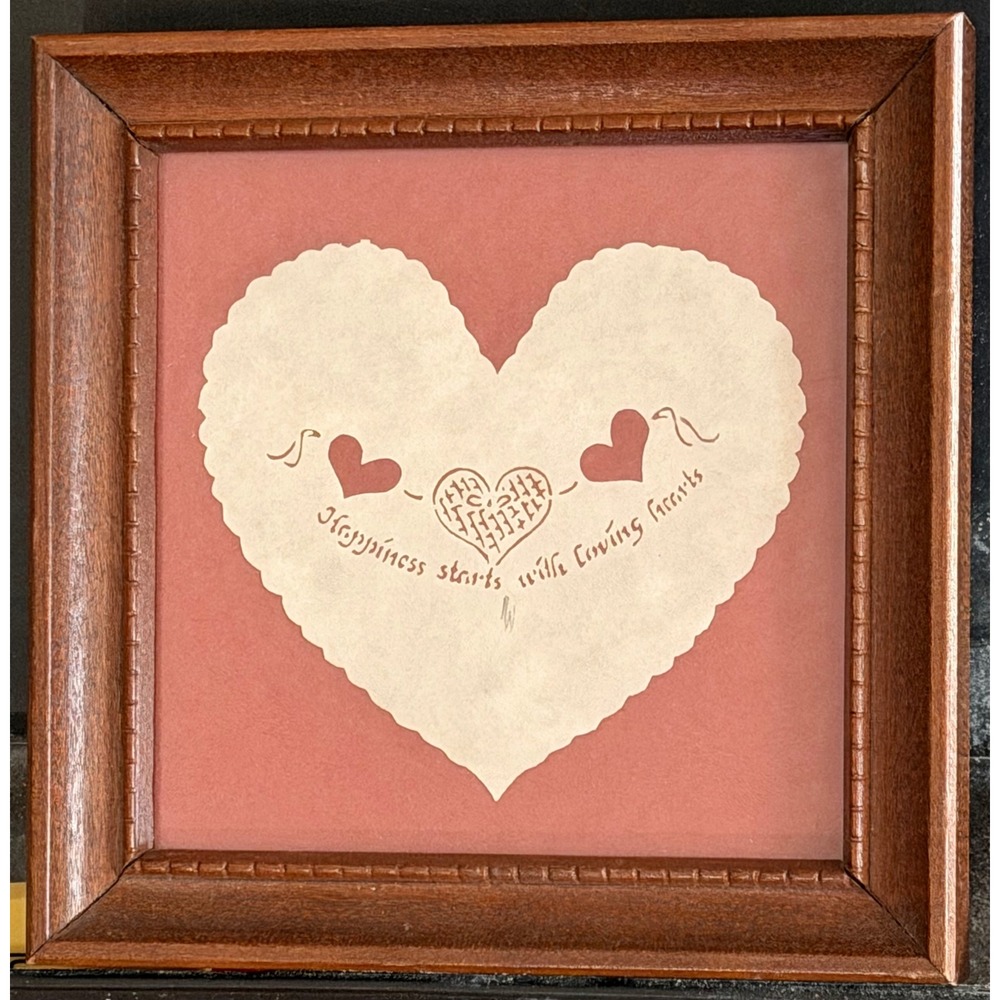Vintage 1988 Designs With Scissors Paper Cut Art Framed Heart Happiness Quote